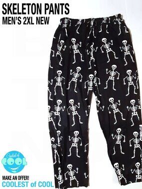 Men's 2XL AOP skeletons sweat pants black with pockets drawstring new with tags